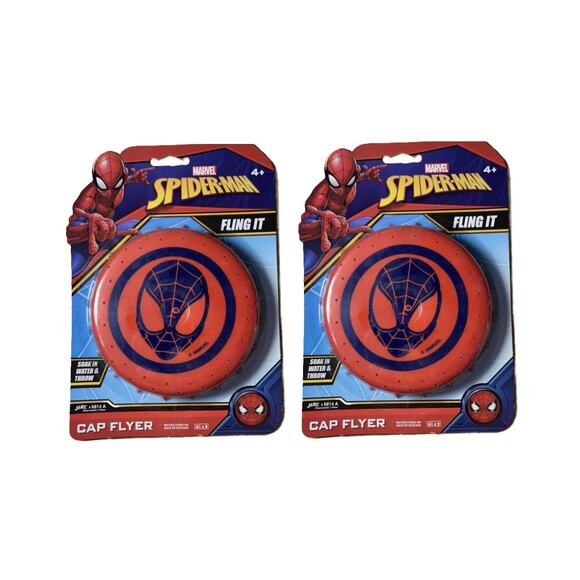 New 2 Pack Spider-Man Cap Flyer Marvel Avengers Soak Throw Water Frisbee JA-RU - Picture 1 of 2